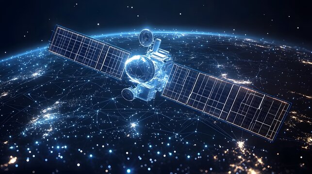 Futuristic satellite orbits Earth, capturing the glow of city lights and communication networks. Solar panels extend, powering advanced technology in space. Abstract wireframe in dark blue.