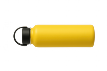 Single vibrant yellow water bottle with black cap and handle on transparent background
