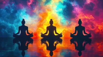 Three silhouetted figures meditating in lotus posture on reflective water surface against a vibrant colorful fiery background evoking tranquility and spiritual energy