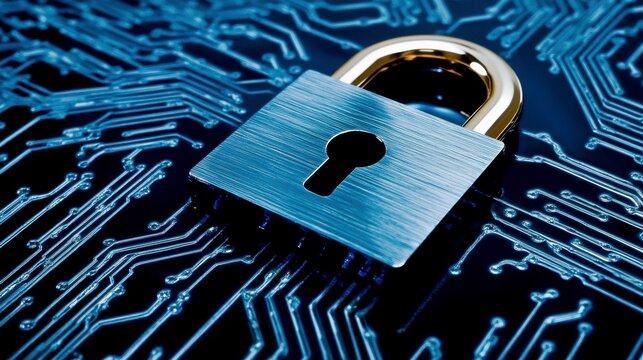 Closeup Gold Lock On Blue Circuit Board Dark Backgrounds and Cybersecurity Theme Images - Powered by Adobe