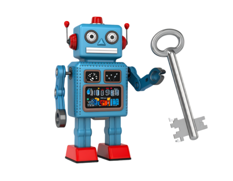 Retro Robot Toy Holding Key Isolated On Transparent Background - Powered by Adobe