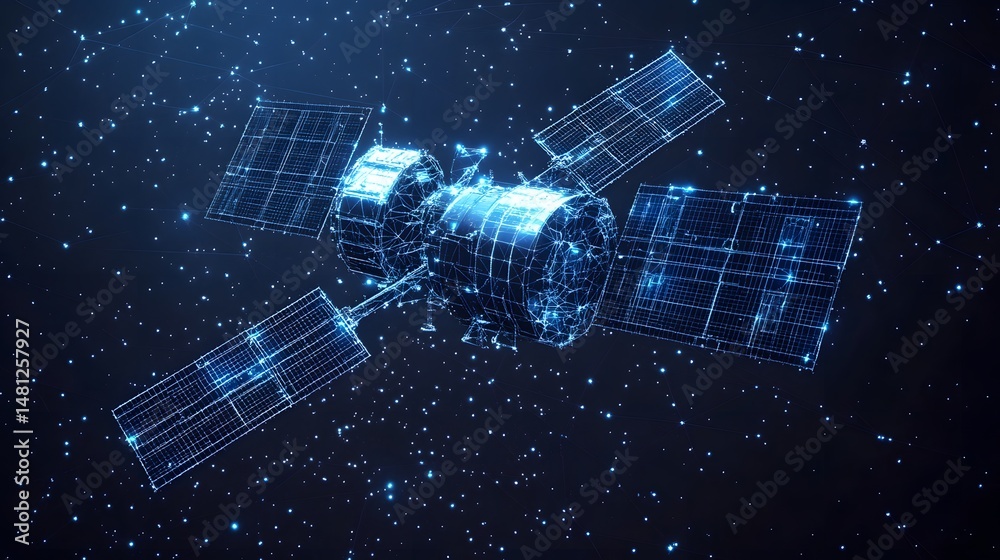 Poster Futuristic satellite explores the vast starfield. Wireframe design highlights advanced technology and space exploration. Solar panels gleam in the starlight. Abstract wireframe in dark blue