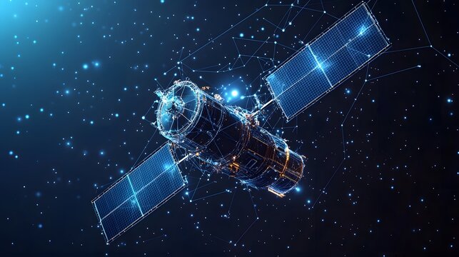 Futuristic satellite with intricate wireframe design against a star-filled nebula. Solar panels and internal structure visible. Technological and modern concept. Abstract wireframe in dark blue.