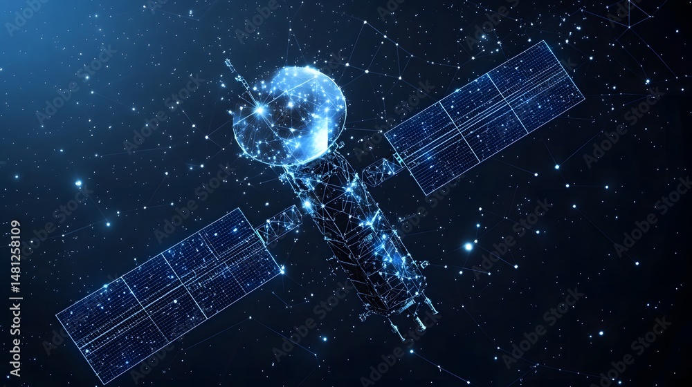 Poster Futuristic satellite, glowing blue, amidst a starry network. Solar panels extend from its core, highlighting advanced tech. Space exploration visuals, Abstract wireframe in dark blue.
