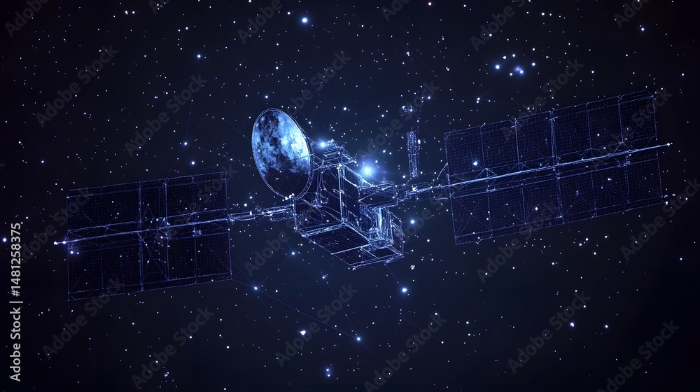 Aufkleber Conceptual digital rendering of a satellite orbiting Earth. Wireframe design highlights technology and exploration, showcasing its dish and solar panels. Abstract wireframe in dark blue