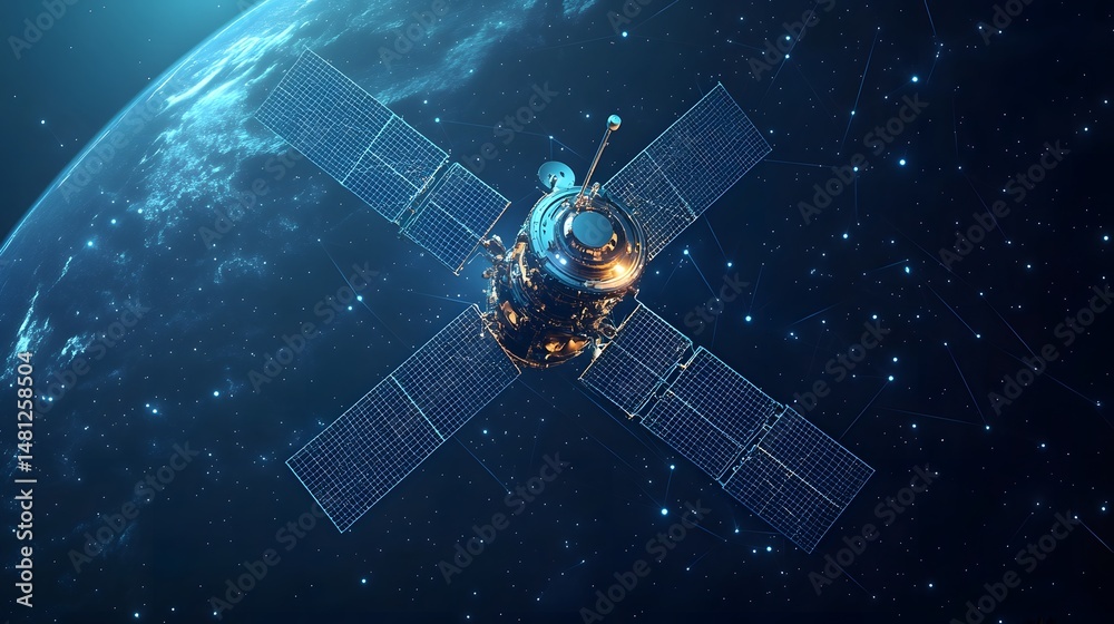 Aufkleber detailed satellite orbits a vibrant planet against a backdrop of stars. solar panels gleam, hinting 