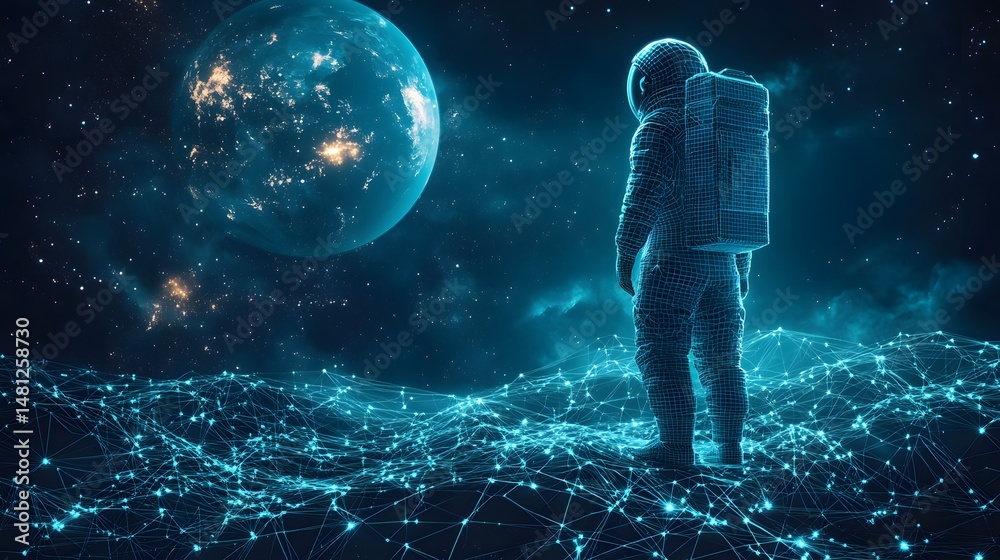 Poster a wireframe astronaut stands on a digital network, contemplating a vibrant, populated planet. techno