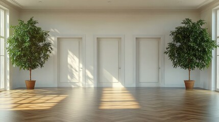 Bright airy room featuring three white closed doors between two large potted leafy green plants on a wooden herringbone floor with sunlight casting shadows through windows