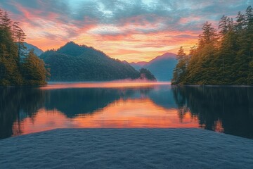 Calm lake at sunset with colorful sky reflecting on water surrounded by forested mountains and sandy shore
