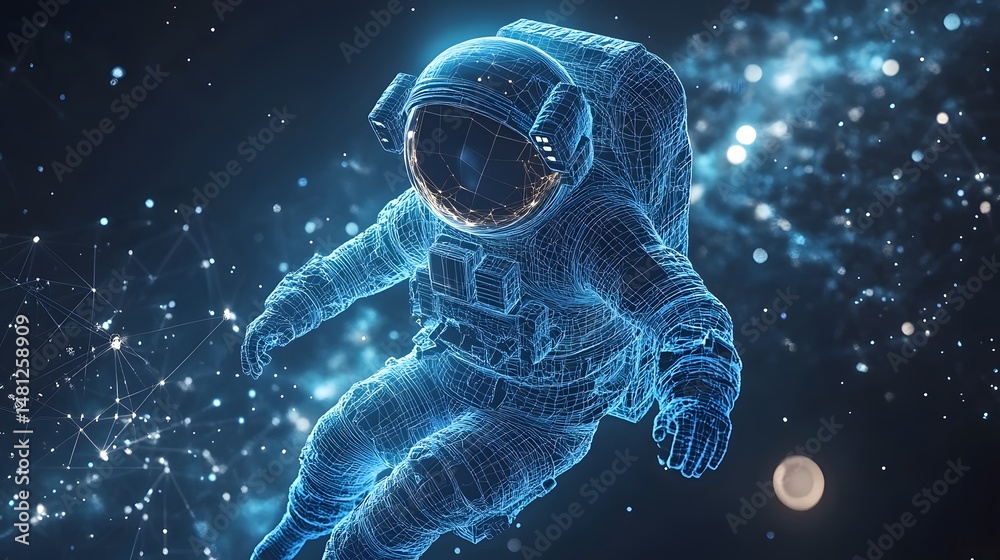 Fototapete Futuristic astronaut wireframe floats in deep space. Cosmic environment with light points evokes a digital network. Exploration, technology, and the cosmos. Abstract wireframe in dark blue.