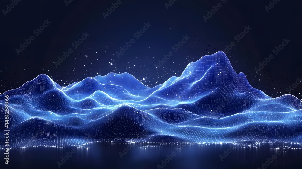 Leinwandbilder a futuristic mountain range composed of glowing blue wireframe lines and starlight. reflective surfa