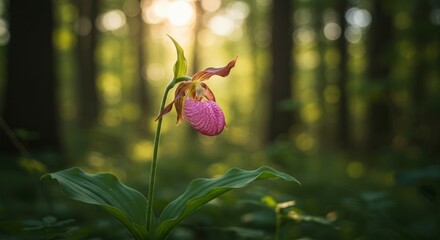Serene portrait of a pink lady slipper orchid in a sun-dappled forest
