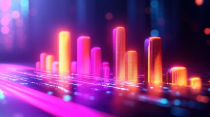 Glowing colorful digital 3D bar graph with neon lights on a futuristic data interface