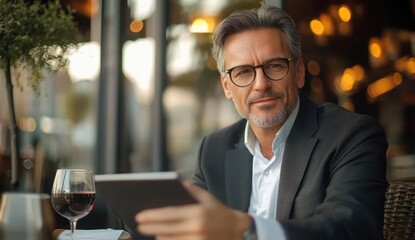 Fototapeta premium mature man wearing glasses and suit sitting at a table in a warm-lit restaurant holding a tablet with a glass of red wine beside him