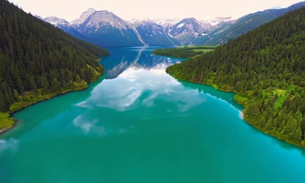 Lovatnet Lake with Turquoise Water and Green Islands. Beautiful Nature of Norway. Aerial View. Drone is Orbiting Around