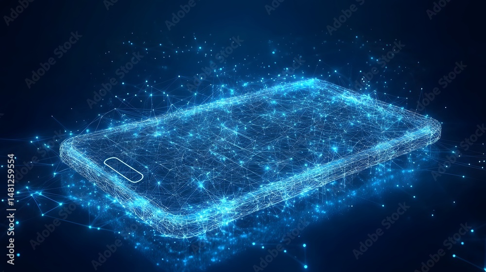 Aufkleber futuristic smartphone concept with a glowing blue wireframe design, suggesting advanced technology a