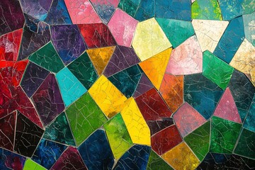 A vibrant and colorful background with geometric shapes, creating an abstract design that adds energy to the scene. The polygonal pattern resembles a mosaic of different shades of green