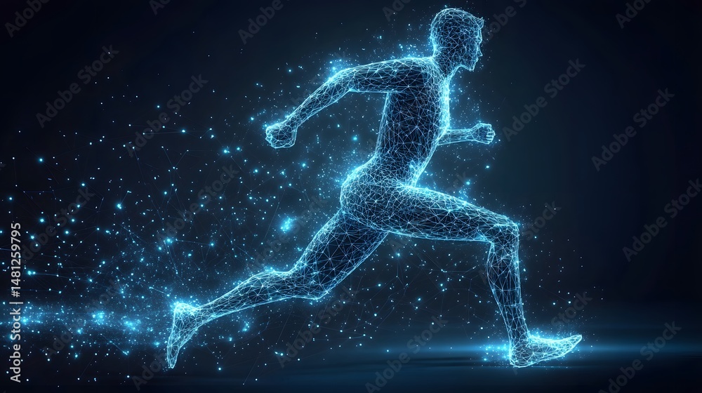 Leinwandbilder dynamic wireframe depiction of a running man. blue lines trace his form, motion trails indicating sp