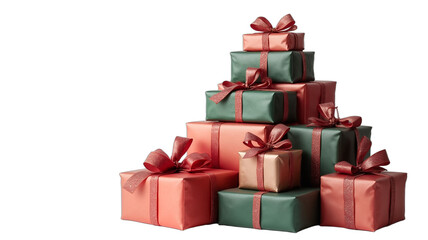 Obraz premium Red and green Christmas gift boxes stacked isolated on white background, ideal for holiday greetings, festive occasions, and seasonal promotions, creating a joyful atmosphere.