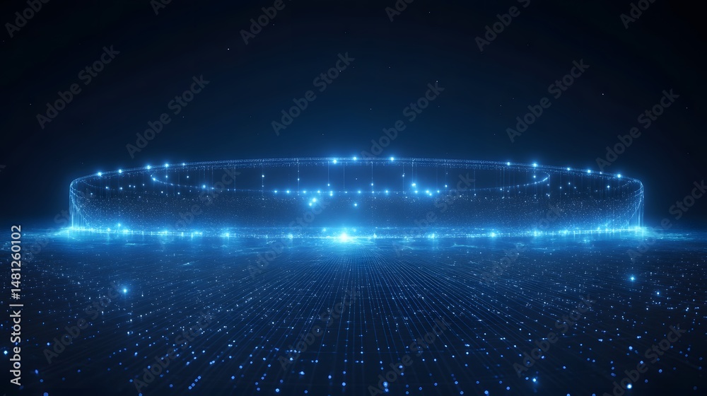 Fototapete futuristic network with glowing blue nodes and lines. a large ring structure floats above, symbolizi