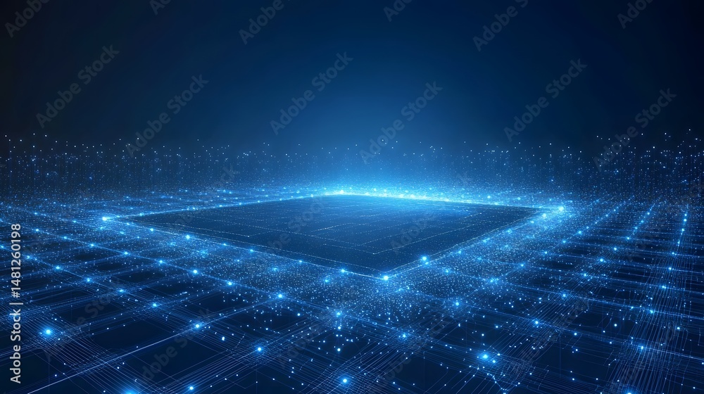 Aufkleber Futuristic technology concept featuring a glowing grid, data particles, and a bright central plane. Represents digital networks, interconnectedness, and data flow. Abstract wireframe in dark blue.