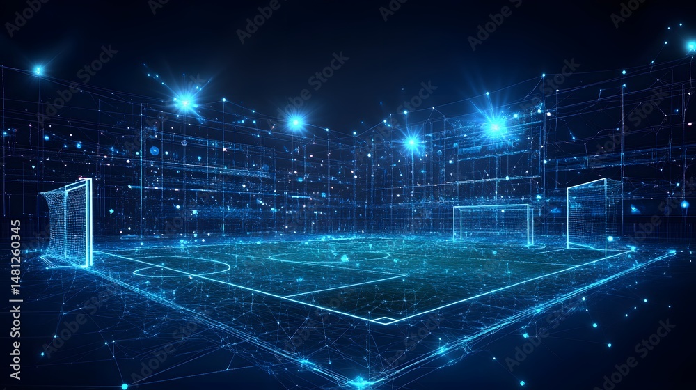 Fototapete Futuristic soccer stadium visualized in glowing blue lines and points. Digital field with goals, wireframe stadium, and star-like lights create a high-tech scene. Abstract wireframe in dark blue