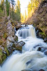 Tretya Rechka or The third river waterfall near Artybash town. Majestic cascade in pristine Altai nature Russia