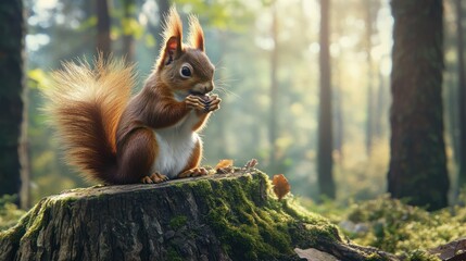 Red Squirrel Enjoying a Nut in a Sunlit Forest