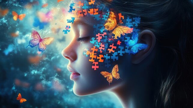 Side profile of a serene woman with eyes closed, her face dissolving into colorful puzzle pieces surrounded by glowing butterflies in a dreamy blue background