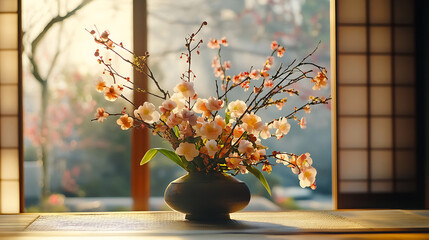 Serene Ikebana Arrangement in Japanese Interior