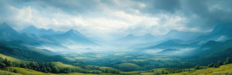 Fototapeta premium Vast peaceful valley with rolling green hills and dense forests under a cloudy sky with misty blue mountains in the distance