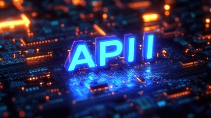 Glowing blue letters API on a dark futuristic circuit board background with orange highlights suggesting advanced technology and connectivity