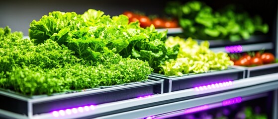 Vegetables and herbs growing on shelves with LED lighting in vertical indoor hydroponic farm system.