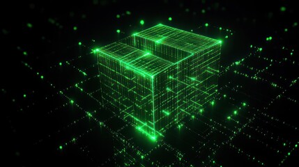 glowing green digital wireframe cubes floating above a matrix-like grid with illuminated nodes on a dark background, evoking a futuristic and technological atmosphere