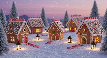 Fototapeta premium Enchanted Gingerbread Village A Festive Winter Wonderland Scene of Delightful Holiday Homes