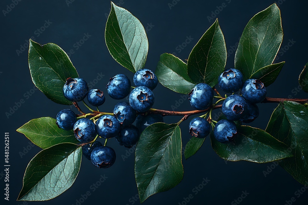 Wall mural fresh blueberries cling to the delicate branches against a dark background creating a delicious disp