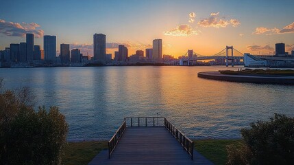 Fototapeta premium Sunset over city skyline with tall buildings, bridge, and calm waterfront viewed from a pier surrounded by bushes