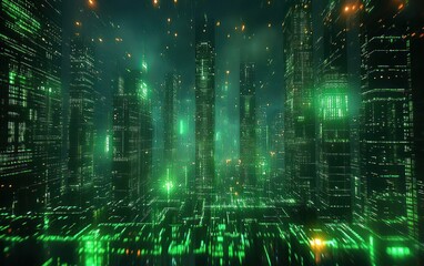 Obraz premium Futuristic glowing cityscape with tall digital skyscrapers illuminated by green and yellow lights enveloped in a misty atmosphere evoking a high-tech cyber world