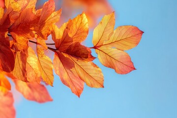 Obraz premium Close-up of bright orange and red autumn leaves against a clear blue sky during daytime