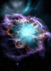 Obraz premium A vibrant nebula bursts with shades of blue, purple, and orange, revealing the intricate patterns of cosmic dust and gas swirling in the vast universe. This celestial marvel radiates energy.