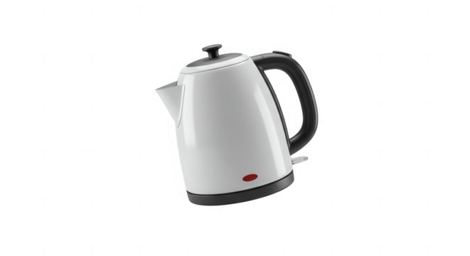 Contemporary electric kettle with black handle and red power indicator on transparent background