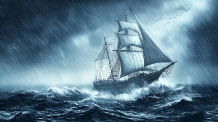 Obraz premium Turbulent weather: a striking image of a ship enduring heavy rain and thunder.