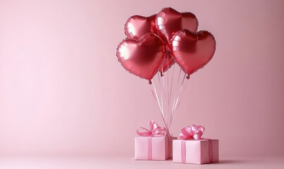 Group of shiny red heart-shaped balloons tied to two pink gift boxes with ribbons on soft pink background evoking celebration and love