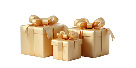 Elegant gold gifts with satin bows for Christmas, holidays, and luxury celebrations, isolated on transparent background. Perfect for festive advertising, e-commerce, and promotions.