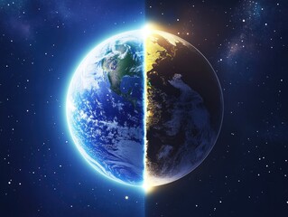 Earth divided between day and night, illuminated by starlight.