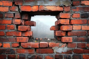 broken red brick wall with a rough rectangular hole revealing foggy trees and greenery outside