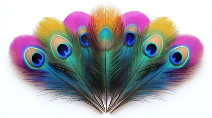 Obraz premium A fan arrangement of colorful peacock feathers with vibrant blue, green, pink, and yellow hues on a white background