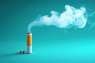 A burning cigarette standing upright on a teal surface with ashes at its base and smoke swirling upwards against a plain teal background