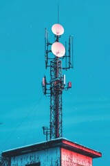 Tall communication tower with multiple antennas and satellite dishes mounted on a small weathered building under a bright blue sky