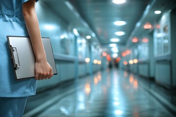 Healthcare Professional Holding Clipboard Hospital Corridor Medical Environment Focused Viewpoint